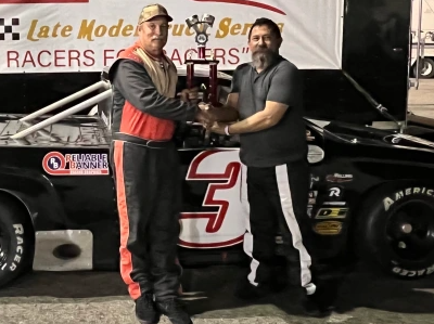 Mark Allison, left, won the March 12 race at Irwindale Speedway and Event Center.